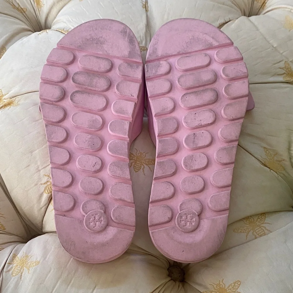 Tory Burch Pink Patent Slide Sandals with Gold Logo Buckle